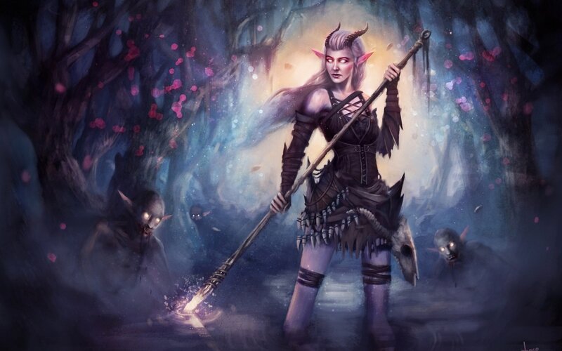 Elf Warrior with Staff — Purple, Dramatic, Night, Digital Art, Demons