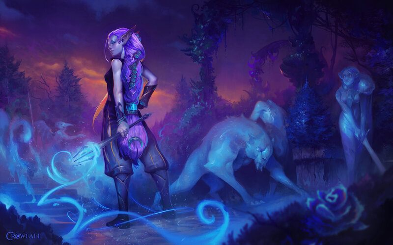 Elf Warrior with Staff — Purple, Dramatic, Night, Digital Art, Ghosts
