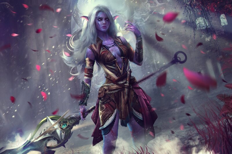 Elf Warrior with Staff — Purple, Dramatic, Night, Digital Art, Rose Petals