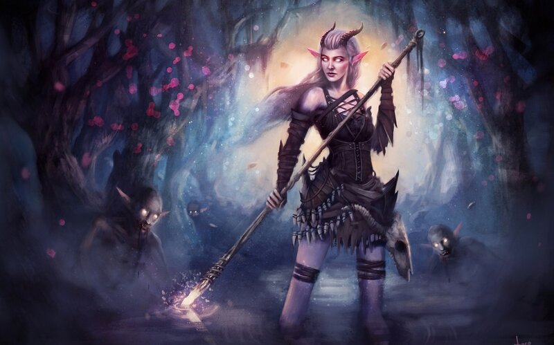 Elf Warrior with Staff — Purple, Dramatic, Night, Digital Art