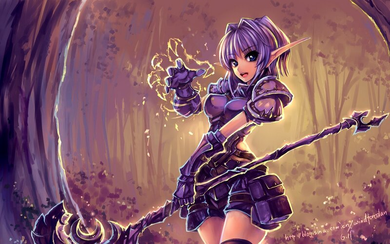Elf Warrior with Staff — Purple, Dramatic, Sunset
