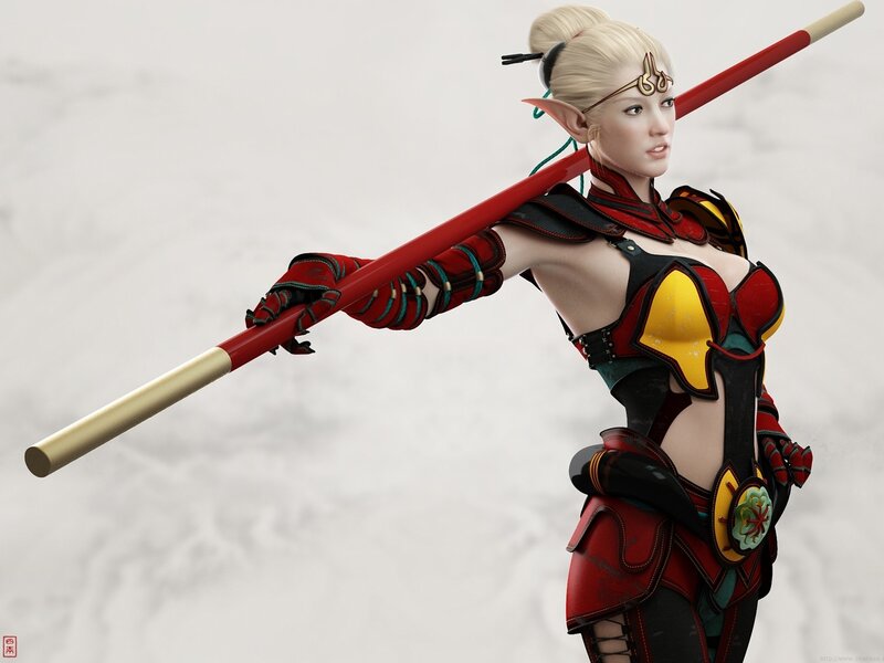 Elf Warrior with Staff — Red, Confident, 3d Render