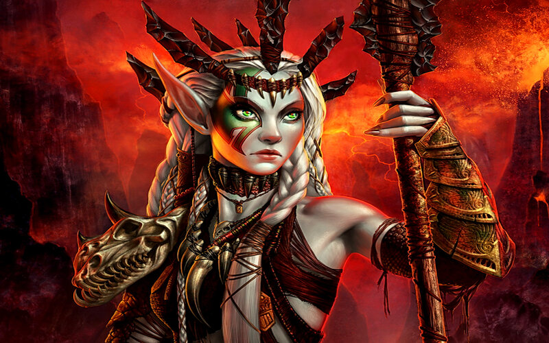 Elf Warrior with Staff — Red, Dramatic, Digital Art, Skull, Armor, Black