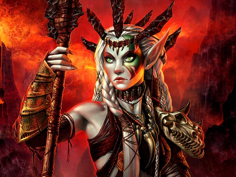 Elf Warrior with Staff — Red, Dramatic, Digital Art, Skull, Armor
