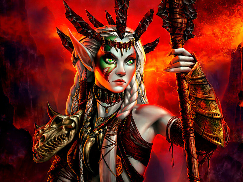 Elf Warrior with Staff — Red, Dramatic, Digital Art, Skull