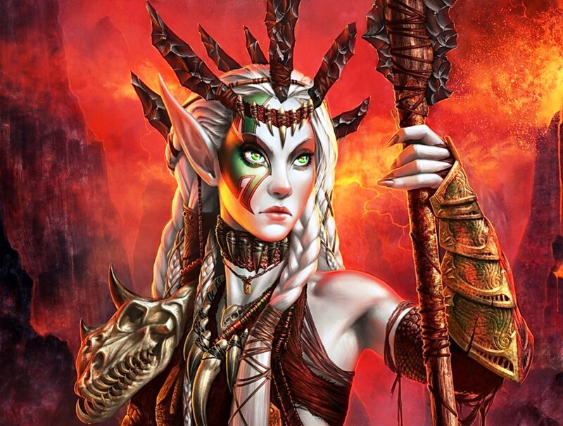 Elf Warrior with Staff — Red, Dramatic