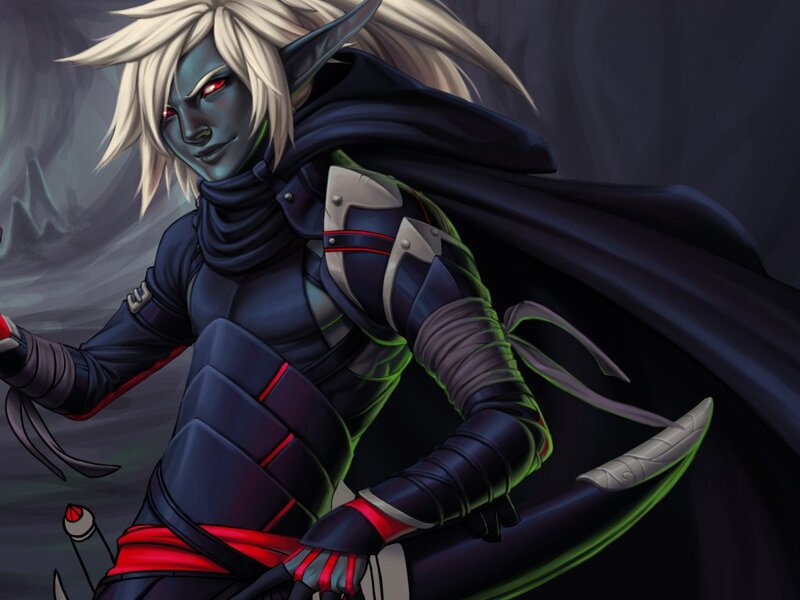 Elf Warrior with Sword — Black, Dramatic, Digital Art, Cloak
