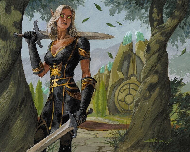 Elf Warrior with Sword — Black, Dramatic, Digital Art, Forest
