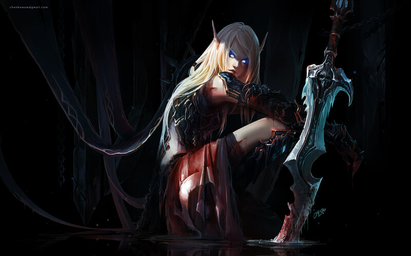 Elf Warrior with Sword — Black, Dramatic, Night, Digital Art, Dark Cave