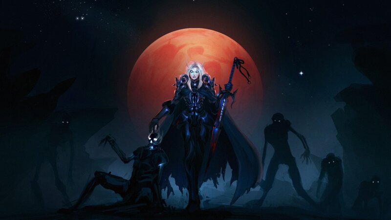 Elf Warrior with Sword — Black, Dramatic, Night, Digital Art, Skeleton, Red Moon, Shadows