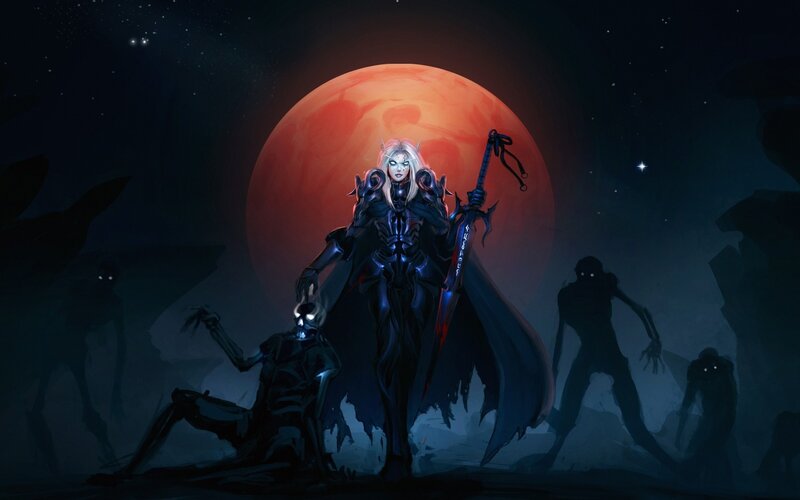 Elf Warrior with Sword — Black, Dramatic, Night, Digital Art, Skeleton, Red Moon