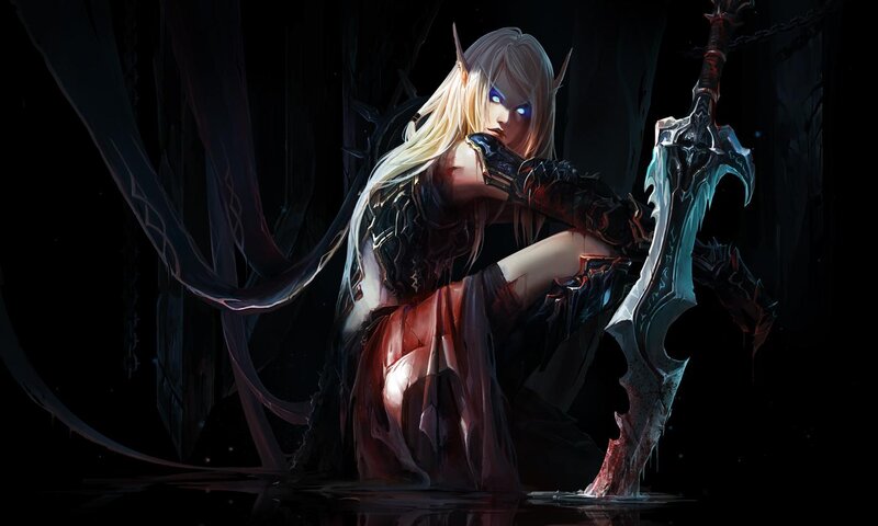 Elf Warrior with Sword — Black, Dramatic, Night, Digital Art