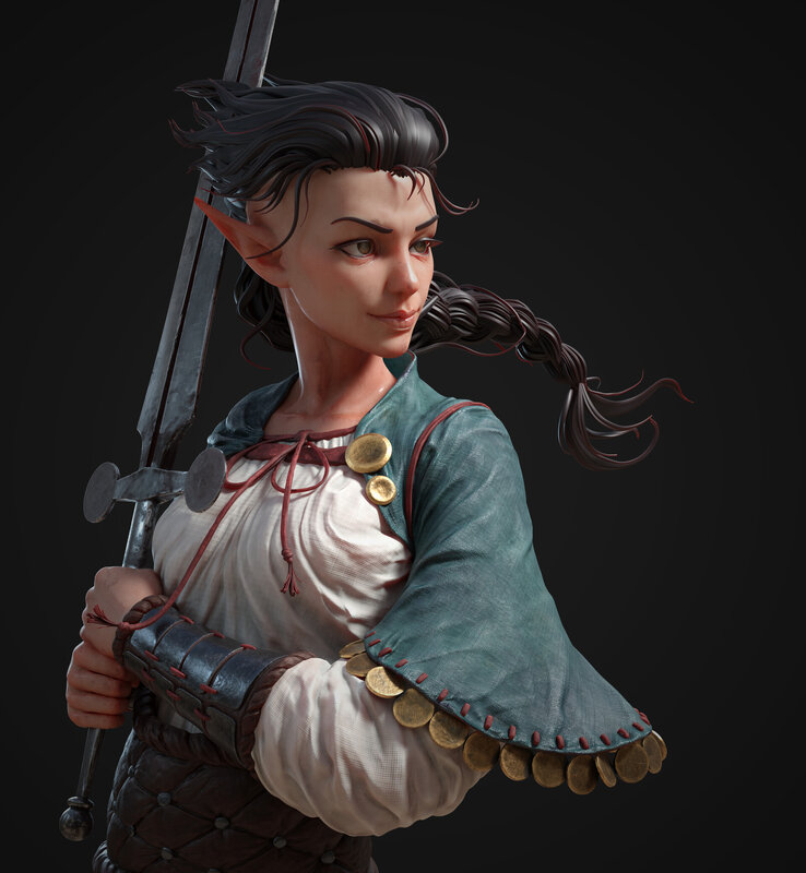 Elf Warrior with Sword — Black, Serious, 3d Render