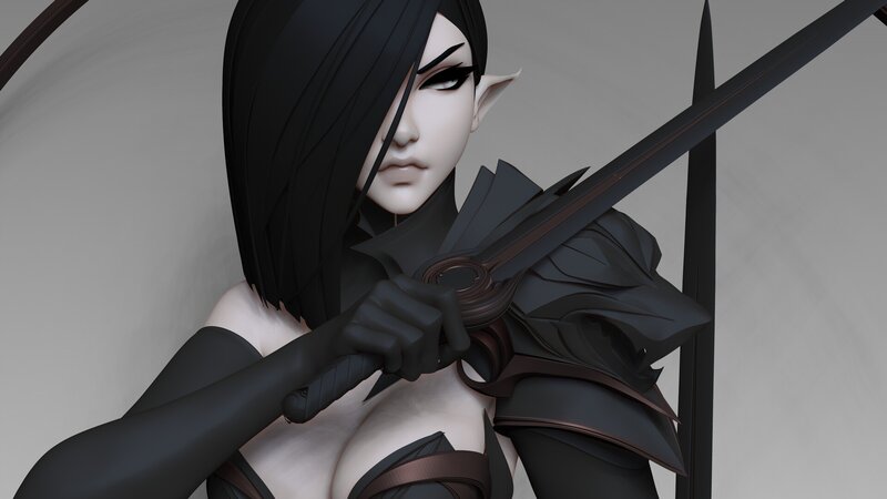 Elf Warrior with Sword — Black, Serious