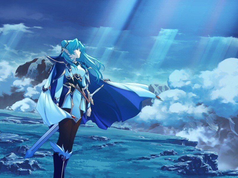 Elf Warrior with Sword — Blue, Dramatic, Anime, Clouds