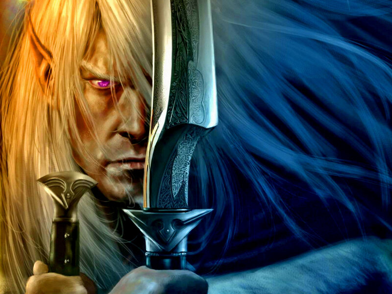 Elf Warrior with Sword — Blue, Dramatic, Digital Art, Long Hair