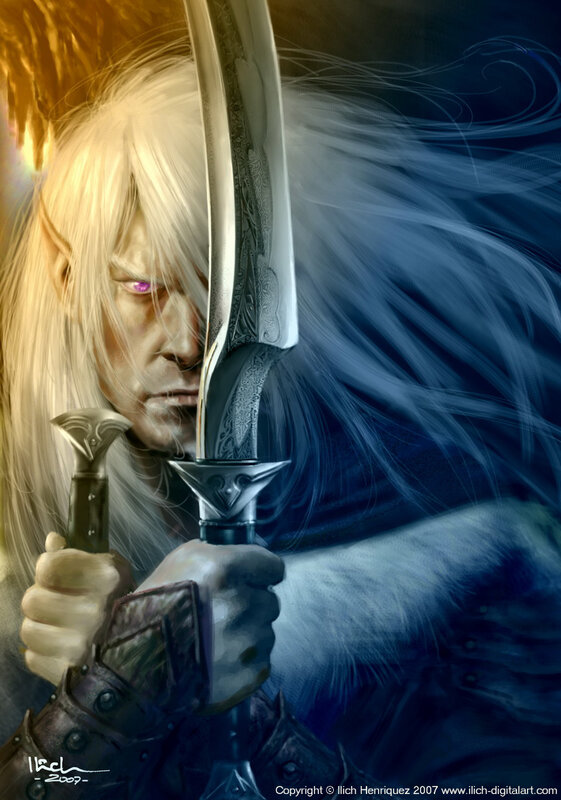 Elf Warrior with Sword — Blue, Dramatic, Digital Art, White Hair