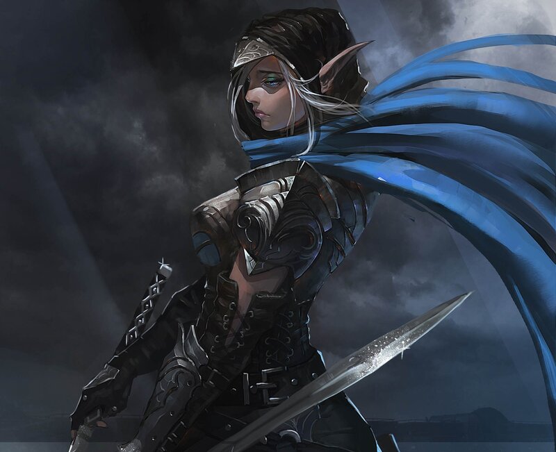 Elf Warrior with Sword — Blue, Dramatic, Night, Digital Art, Armor, Cape
