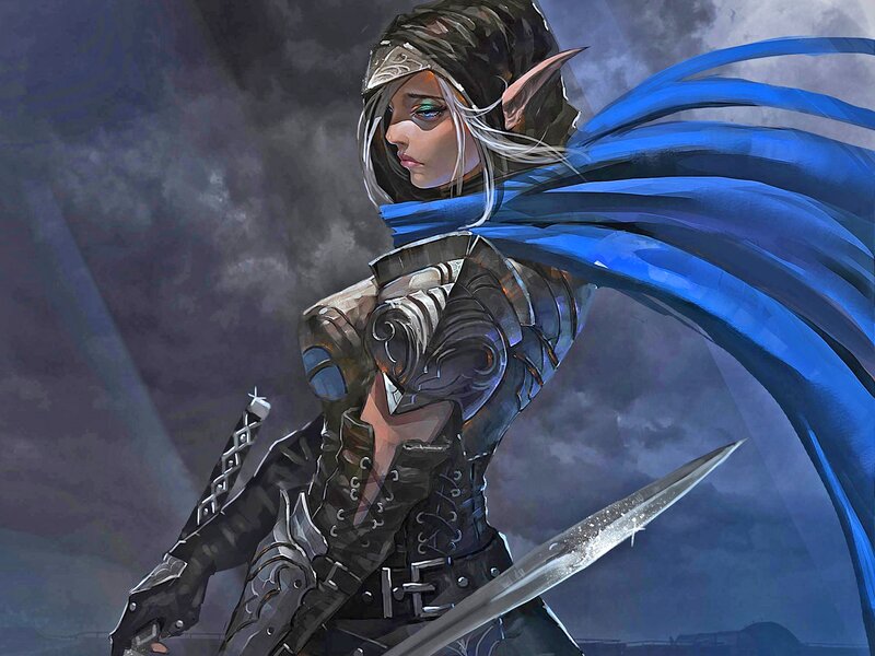 Elf Warrior with Sword — Blue, Dramatic, Night, Digital Art, Armor