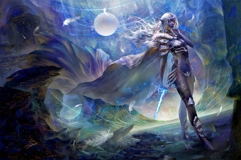 Elf Warrior with Sword — Blue, Dramatic, Night, Digital Art, Feathers