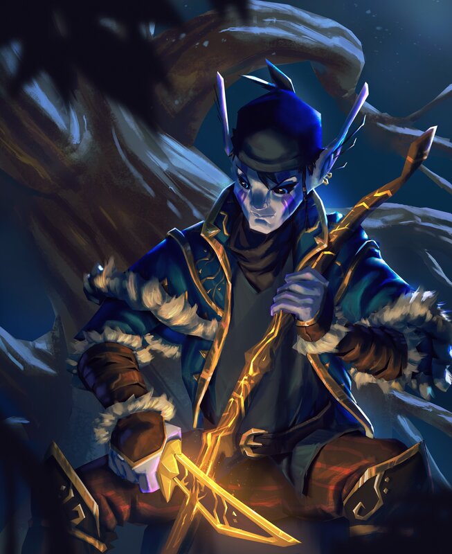 Elf Warrior with Sword — Blue, Dramatic, Night, Digital Art, Frosty Tree
