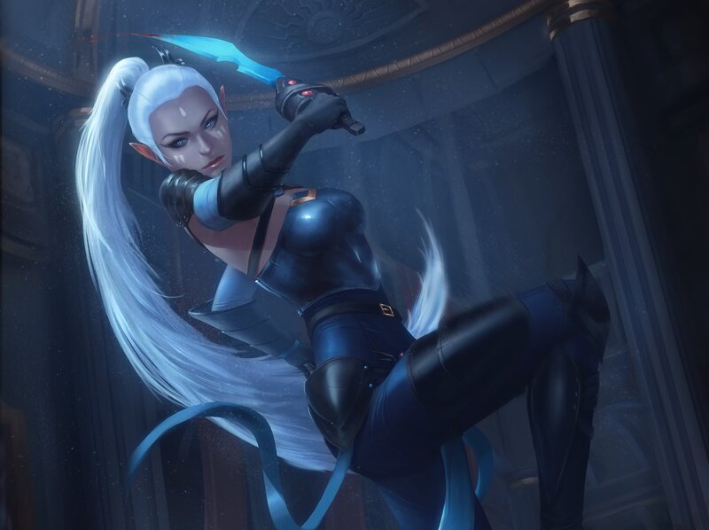 Elf Warrior with Sword — Blue, Dramatic, Night, Digital Art, Long Hair