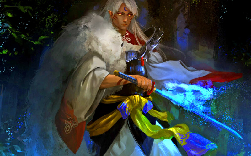 Elf Warrior with Sword — Blue, Dramatic, Night, Digital Art