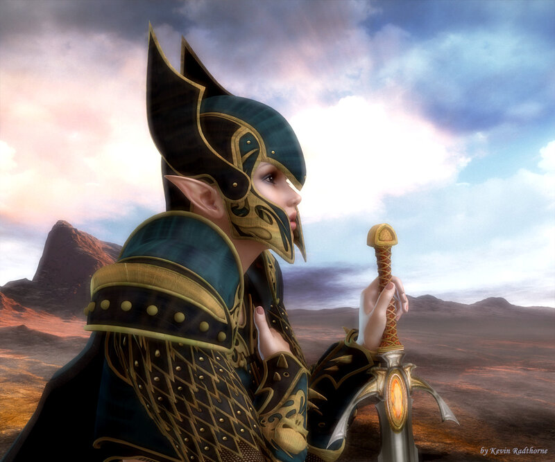 Elf Warrior with Sword — Blue, Dramatic, Sunset