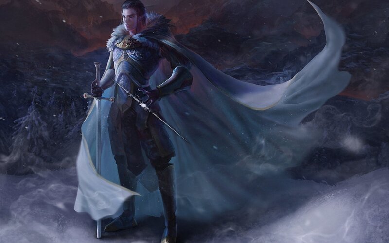Elf Warrior with Sword — Blue, Dramatic, Winter, Digital Art, Cape