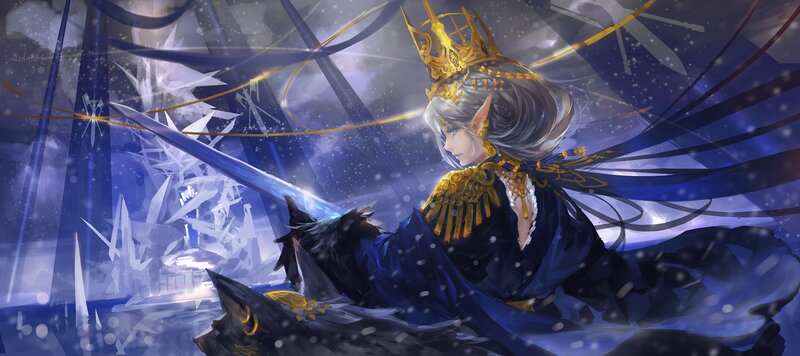 Elf Warrior with Sword — Blue, Dramatic, Winter, Digital Art, Crown