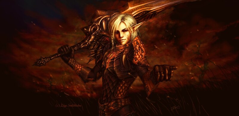 Elf Warrior with Sword — Brown, Dramatic, Digital Art