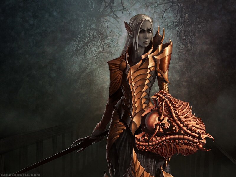 Elf Warrior with Sword — Brown, Dramatic, Night, Digital Art, Skull