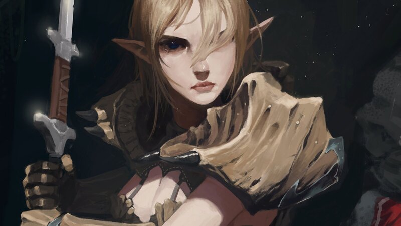 Elf Warrior with Sword — Brown, Dramatic, Night, Digital Art