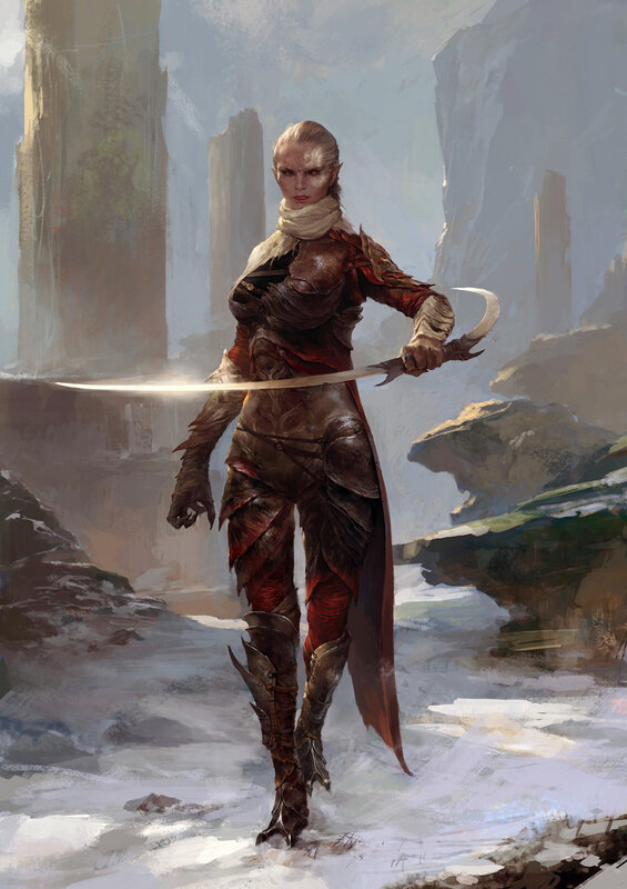 Elf Warrior with Sword — Brown, Dramatic, Winter, Digital Art