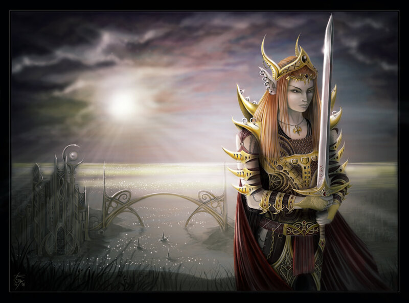 Elf Warrior with Sword — Gold, Dramatic, Sunset, Digital Art, Castle
