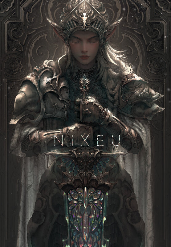 Elf Warrior with Sword — Gray, Dramatic, Digital Art, Armor, Crown