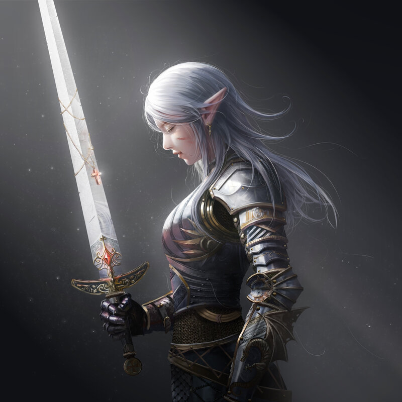 Elf Warrior with Sword — Gray, Dramatic, Night, Digital Art, Armor