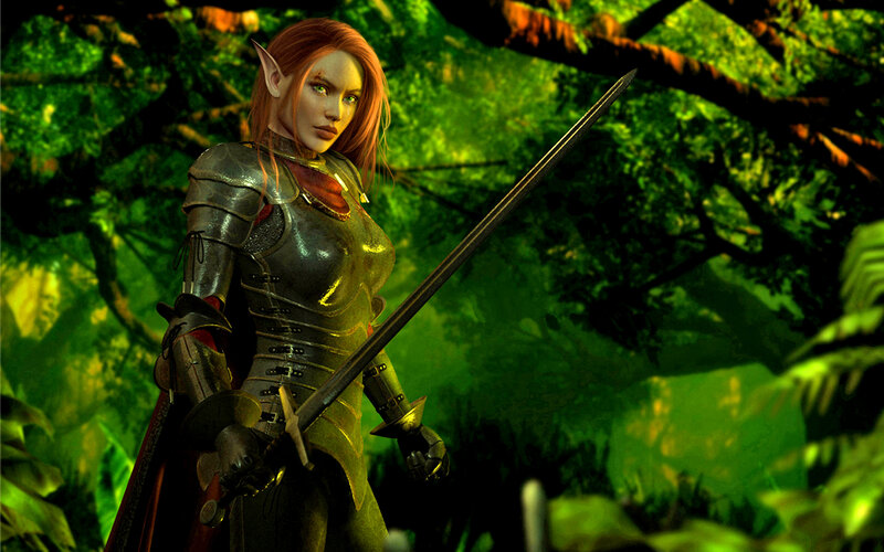 Elf Warrior with Sword — Green, Dramatic, 3d Render