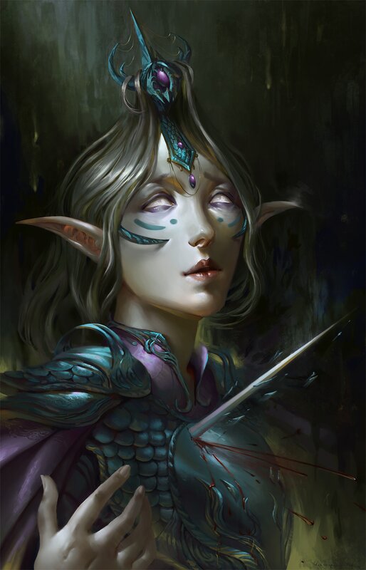 Elf Warrior with Sword — Green, Dramatic, Digital Art, Armor, Blood