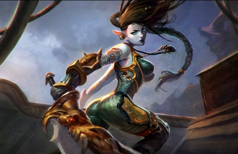 Elf Warrior with Sword — Green, Dramatic, Digital Art, Armor, Braided Hair