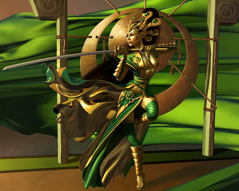Elf Warrior with Sword — Green, Dramatic, Digital Art, Armor, Cloak