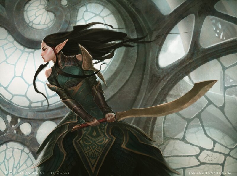 Elf Warrior with Sword — Green, Dramatic, Digital Art, Armor, Stained Glass