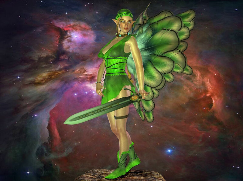 Elf Warrior with Sword — Green, Dramatic, Digital Art, Wings