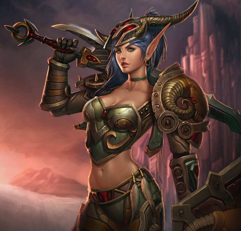 Elf Warrior with Sword — Green, Dramatic, Sunset, Digital Art, Armor