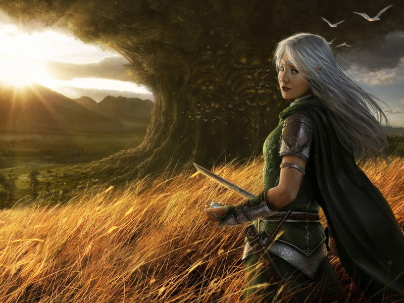 Elf Warrior with Sword — Green, Dramatic, Sunset, Digital Art