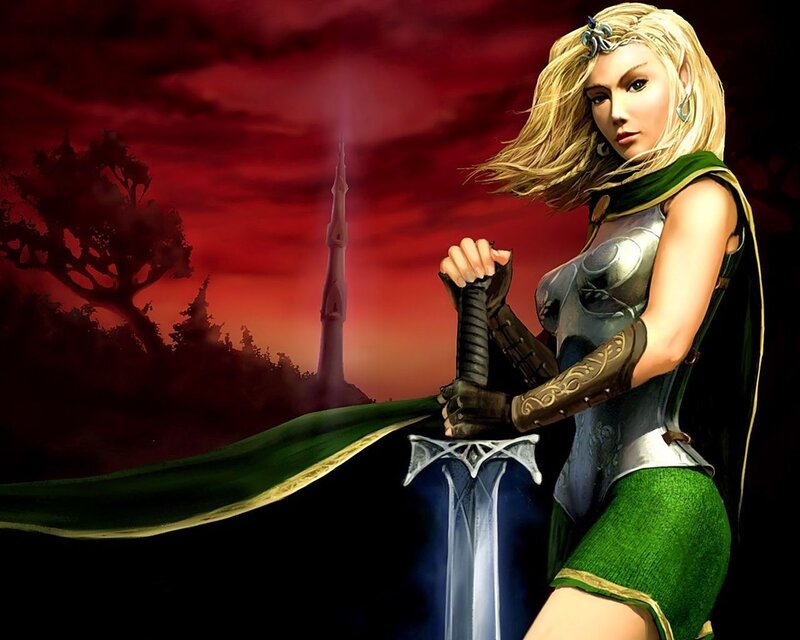 Elf Warrior with Sword — Green, Dramatic, Sunset, Digital Art, Tower