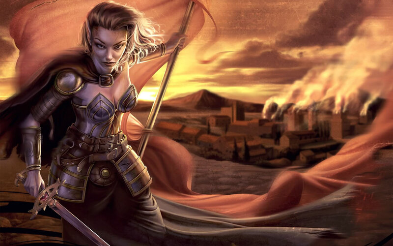 Elf Warrior with Sword — Orange, Dramatic, Sunset, Digital Art, Flag