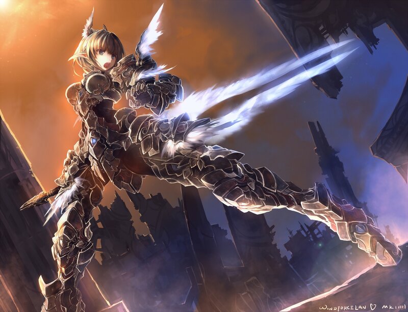 Elf Warrior with Sword — Orange, Dramatic, Sunset, Digital Art