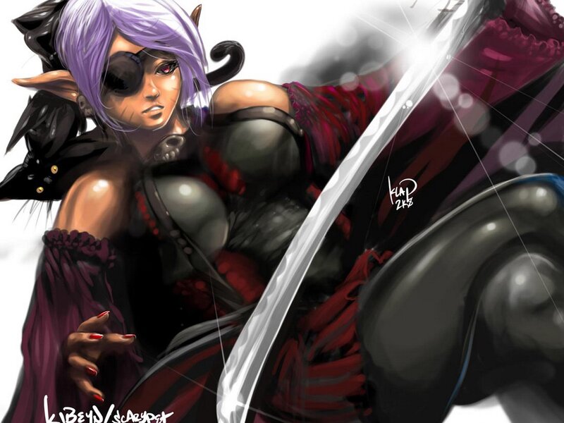 Elf Warrior with Sword — Purple, Dramatic, Digital Art, Eyepatch