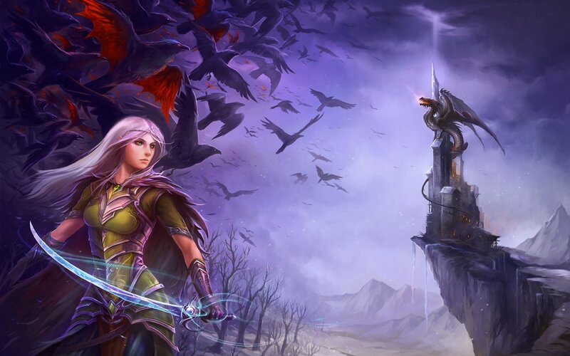 Elf Warrior with Sword — Purple, Dramatic, Night, Digital Art, Dragon, Castle, Crows